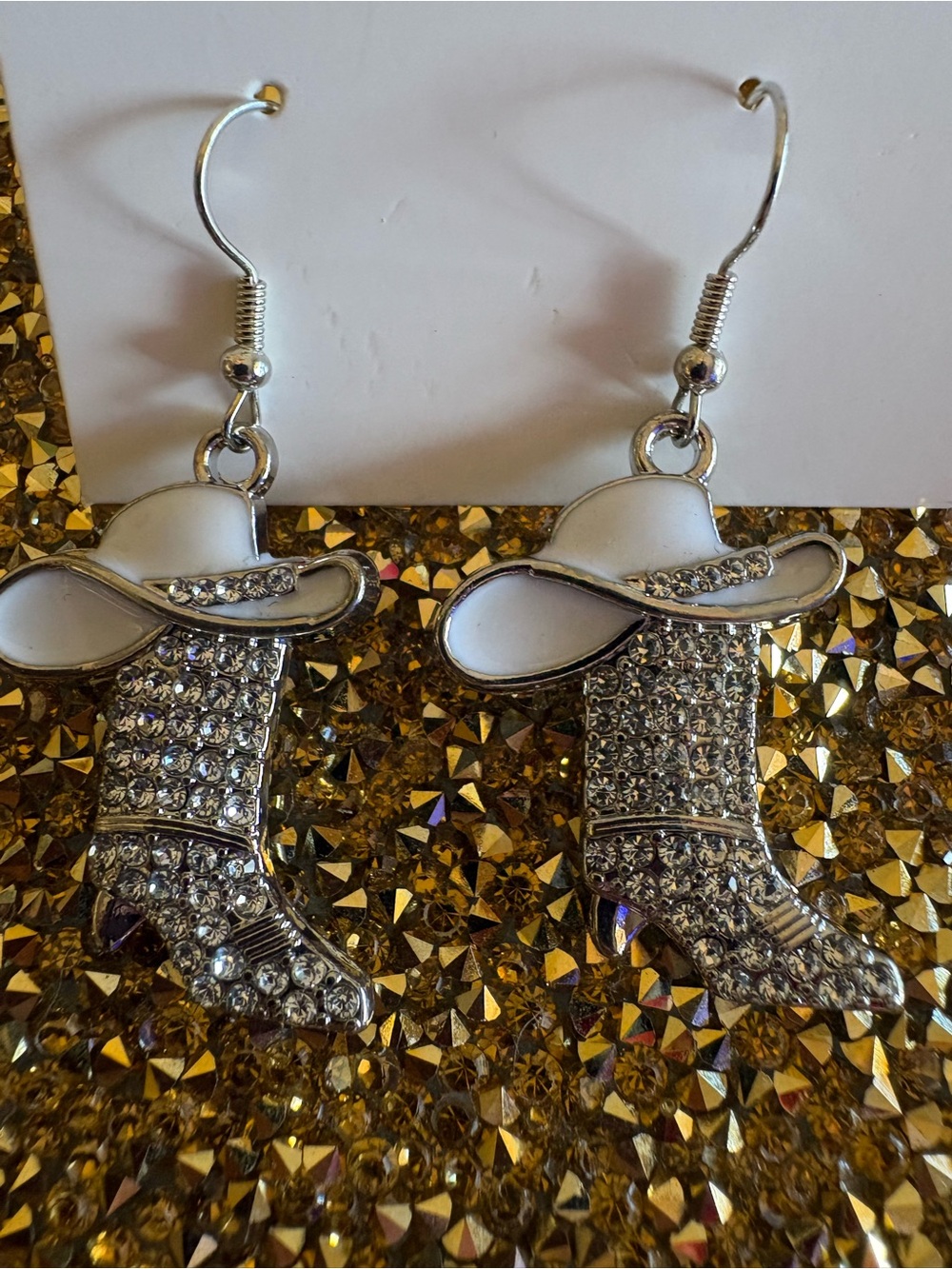 Fashion Jewelry NWT Silver Cowboy Boot Earrings with White Hat Detail